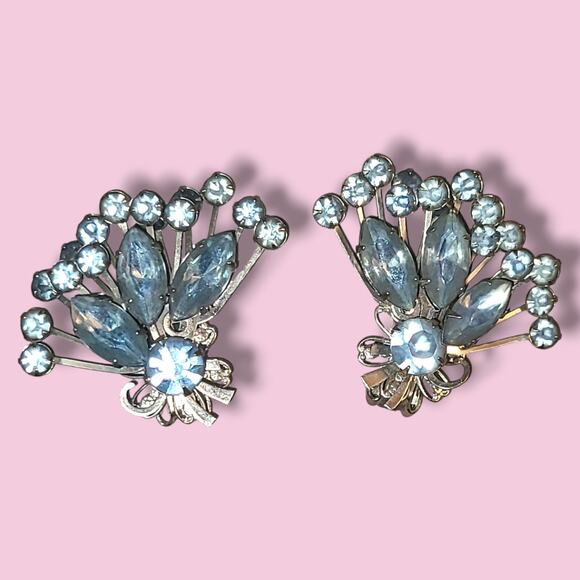 Estate Jewelry - Vintage Blue Rhinestone Clip-On Fan Bouquet Earrings Mid-Century Costume Jewelry